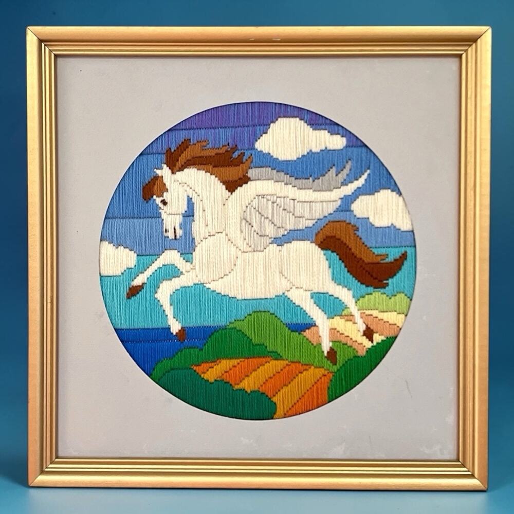 Vintage Pegasus Needlepoint Framed Wall Art Mythical Horse Fantasy Decor 1980s